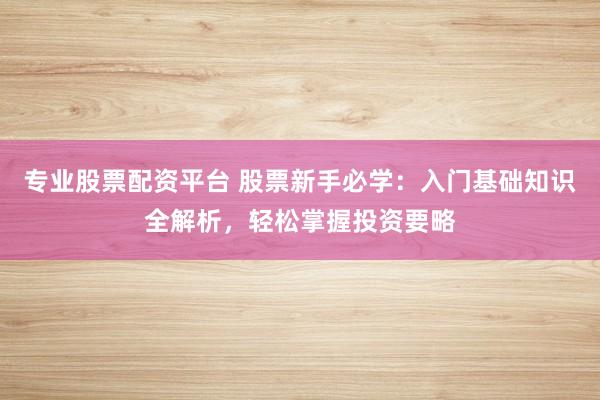专业股票配资平台 股票新手必学：入门基础知识全解析，轻松掌握投资要略